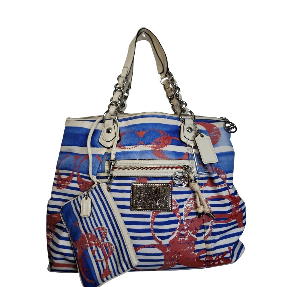 Coach Poppy Rocker Glam Nautical Stripe Tote w/ Wristlet Set